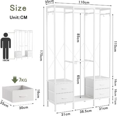 Відкрита шафа для одягу з вішалкою та 4 шухлядами, біла. Підходить для спальні, вітальні, передпокою. Стабільна та міцна.