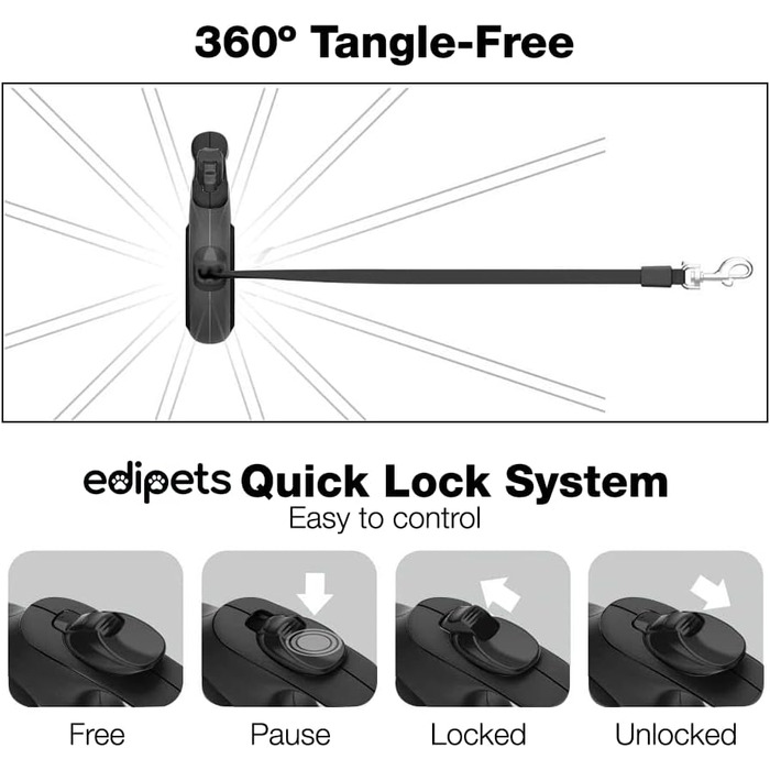 Hundeleine Edipets висувна, 5 м, нейлон, 360°, для собак малого, середнього та великого розміру (Чорний, M)
