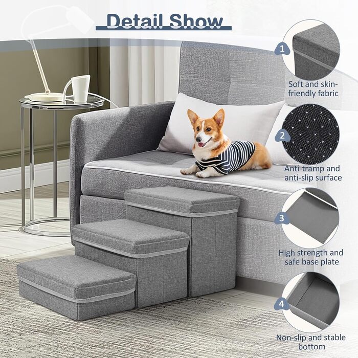 Сходинки для домашніх тварин Couleeur: 3 сходинки, антиковзкі, з місцем для зберігання, для собак та котів, складані, сірі