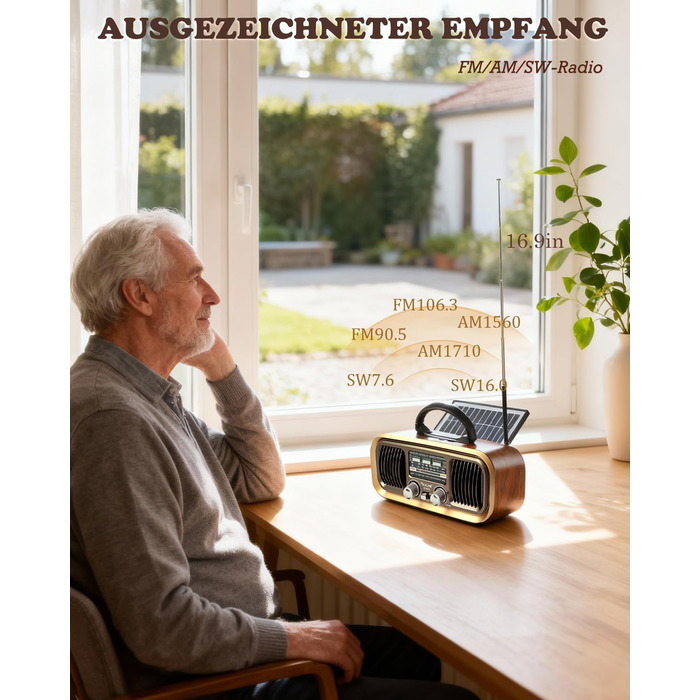 Ретро Радіо Klein з Bluetooth, AM/FM/SW радіо, портативне, з сонячною панеллю, USB/TF картка, подвійний динамік, коричневе