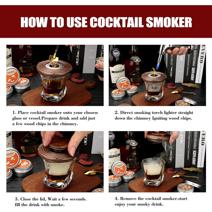Dad's Gift Christmas, Cocktail Smoker Kit, Whiskey Stones, Torch Lighter, Old Fashioned Whiskey Smoker Drinks Kit, Cocktail Accessories for Drinks, Bourbon Walnut (Butane Not Included)