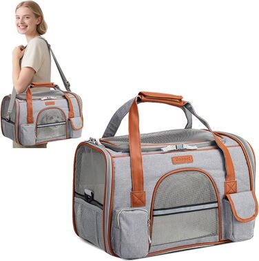 Транспортна переноска для котів та собак PETCUTE, сірого кольору, знімний килимок, дихаюча, з регульованим ременем, схвалена авіакомпаніями