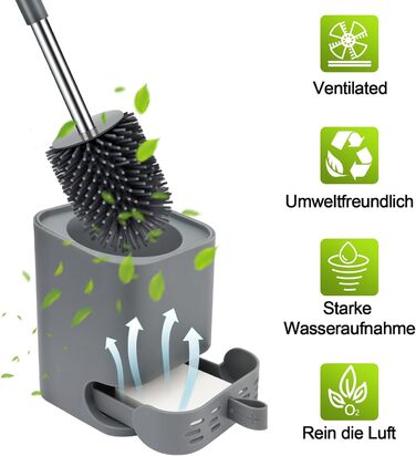 Силіконова щітка для туалету Glowbal з контейнером, швидковисихаюча, для ванної кімнати, монтаж на стіну або стоячи, білий/сірий колір