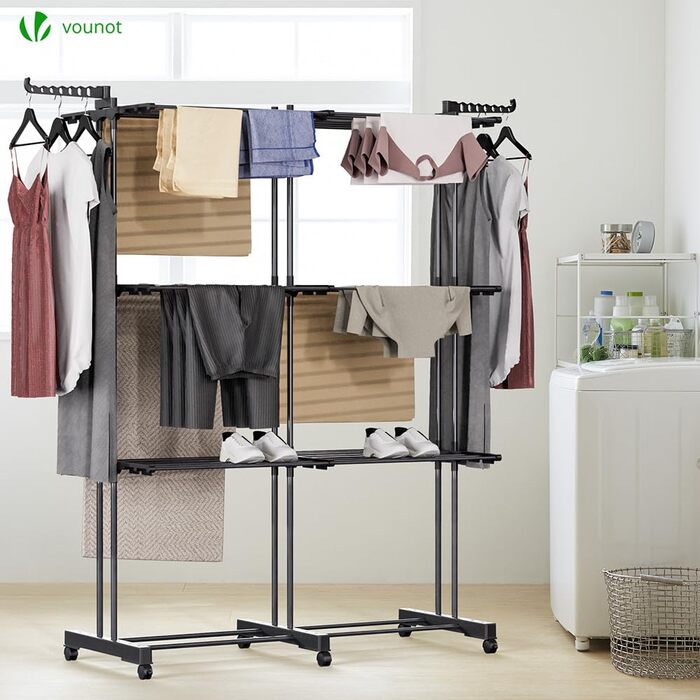 VOUNOT® Сушарка для білизни Турм Розкладна, для дому та вулиці, з розкладними крилами, телескопічною штангою, 6 колесами, 40м довжини сушіння, 3 яруси, білий (чорний) колір