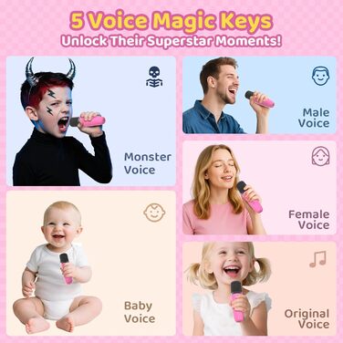 Караоке машина з 2 мікрофонами Bluetooth для дітей та дорослих, рожева. Подарунок для хлопчика 3-15 років, з диско-підсвіткою для вечірок