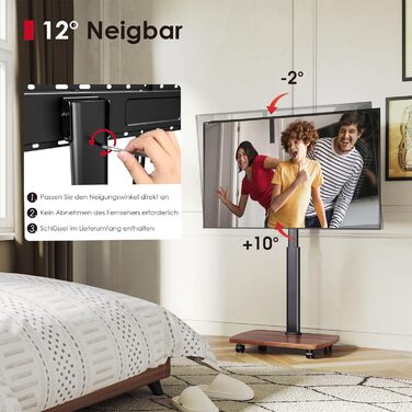 AOKCOS Rolling TV Stand with Wood Shelf - Adjustable Height & Swivel - VESA 400x400 - Holds 32-65 Inch TVs up to 40kg