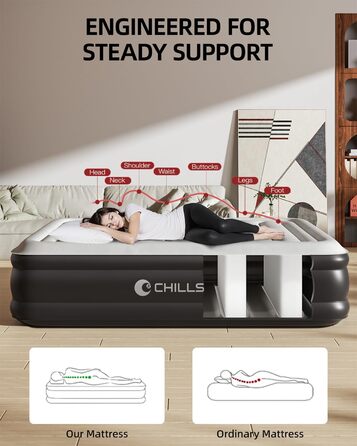 Надувна двоспальна матрац ChillSun з вбудованим електричним насосом, самонадування за 3 хвилини, велюрова поверхня, для дому, розмір Double/King (203x152x46 см)