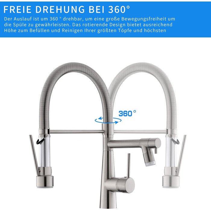 LED кухонний змішувач з спіральною пружиною, поворотний на 360°, з двома виливами, висувний, для кухні, з душем, високий тиск, з матовим нікелем