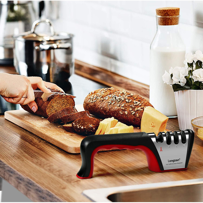 Точилка для ножів Longzon 4-в-1, професійна, з захисними рукавичками, для ножів та ножиць різних розмірів, червона
