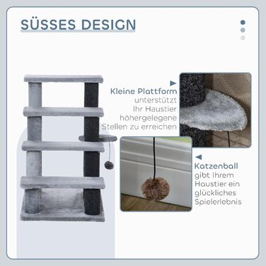 PawHut 4-Step Pet Stairs with Scratching Posts, Ball, Dog Stairs, Animal Stairs for Cats up to 5 kg, Plush Jute Grey, 60 x 40 x 64 cm