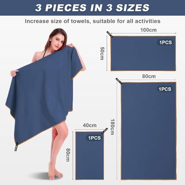 Набір рушників з мікрофібри: великий (180x80 см), спортивний (100x50 см), пляжний (80x40 см). Кольори: темно-сірий + зелений, темно-синій + помаранчевий