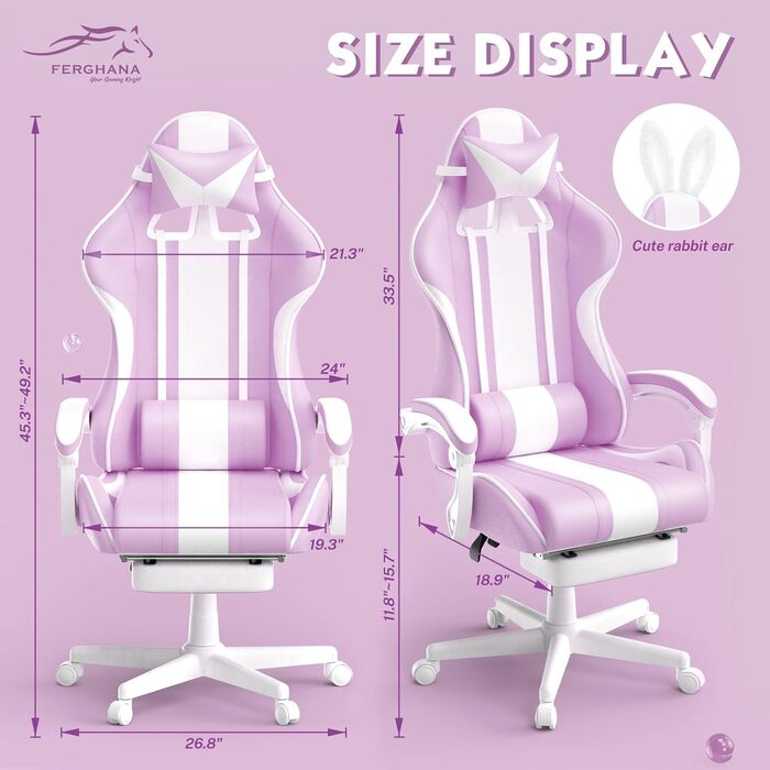 Ergonomic Gaming Chair with Footrest - Racing Style PC Gaming Chair with Headrest, Lumbar Support & Bunny Ears (Violet)