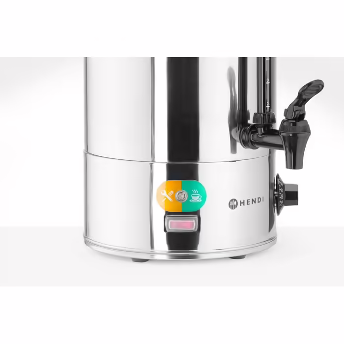 HENDI Hot Beverage Dispenser, Single-Walled, for Mulled Wine and Boiling Water (not for hot chocolate), Temperature continuously adjustable 94-99°C, Dry-boil protection, 9L, 230V, 2200W, 340x227x(H)468mm, Stainless Steel