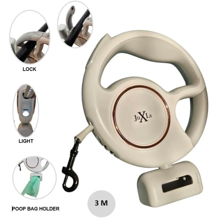 Леєчка для собак з LED-підсвічуванням, 3м, тримач для відходів, світловідбивачі, білий/рожевий, до 10кг