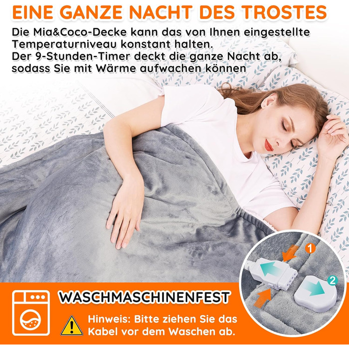 Електрична ковдра Mia&Coco з автовимкненням, 10 режимів нагріву, таймер до 9 годин, захист від перегріву, фланель, 180x130 см