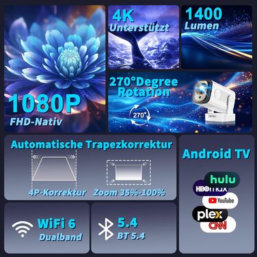 4K проєктор Beamer Full HD 1080P Android: портативний міні-проєктор з WiFi 6, Bluetooth 5.2, 270° обертанням, підтримкою PC/HDMI/USB, з пультом та мишкою, білий