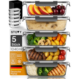 STOVY® Набори для приготування їжі Meal Prep Box - 5 контейнерів по 1040 мл з кришкою. Ідеально для повного раціону. Контейнери для зберігання їжі, придатні для мийки, мікрохвильової печі та морозильника.