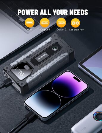 Пусковий пристрій (бустер) для автомобіля SHARMEAL 10000A, 12V Powerbank для бензинових та дизельних двигунів до 10.0 л, з LCD-дисплеєм та LED-ліхтарем