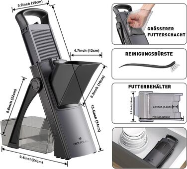 Мандоліна-слайсер ONCE FOR ALL Upgrade: безпечний, великого розміру, з регульованою насадкою для овочів та продуктів, для нарізки картоплі фрі, знімні леза (чорний/сірий)