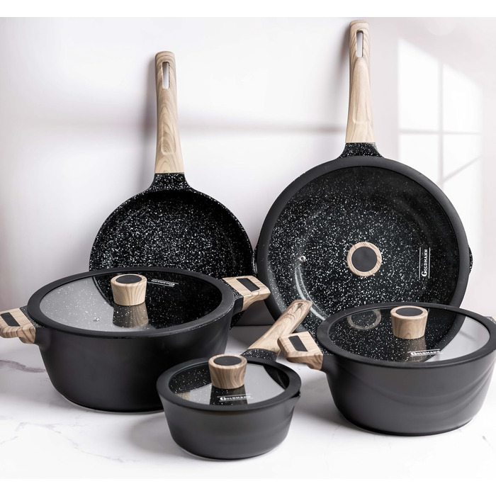 Набір каструль Goldmann 9 шт. з преміум-покриттям – чавунний алюміній з керамічним антипригарним покриттям, підходить для індукційних плит, всіх типів плит, з кришкою з термостійкого скла, для смаження з мінімальним додаванням жиру, стійкий до подряпин, м