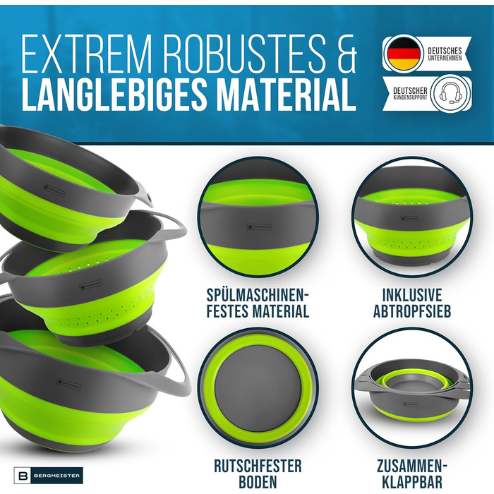 Bergmeister® Foldable Bowl Set 3in1 with Strainer 1.7L / 2.8L Multifunctional, Dishwasher-Safe, Space-Saving Marvel for Every Home and Outdoor Camping Kitchen