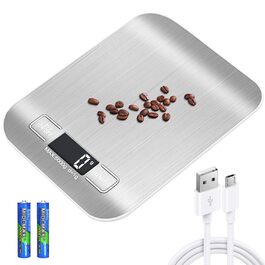 Цифрова кухонна вага, 10 кг/1 г, USB, перезарядна, з LCD дисплеєм та функцією тарування. Професійна кухонна вага, металевий білий колір.