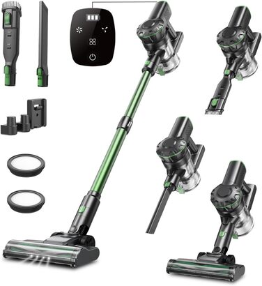 Бездротовий пилосос Vexilar Akku: 60 хвилин роботи, 45 kPa, 550 W, безщітковий мотор, LED дисплей, 6-в-1, тихий, для дому/авто, тверді підлоги, килими, шерсть тварин, зелений