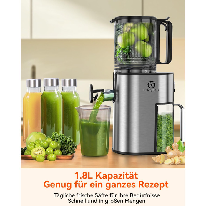 Соковитискач CelerySpec Slow Juicer - переможець тесту, для цілих овочів та фруктів, 130 мм, 1.8л, BPA-free, 250W, з функцією зворотного ходу, нержавіюча сталь, чорний