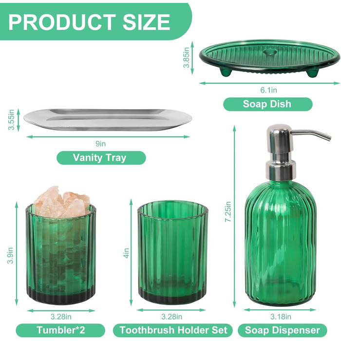 Umimile Bathroom Accessories Set, 6-Piece, Green Glass, Complete Toothbrush Holder, Cup, Lotion Dispenser, Soap Dish, Vanity Tray, Aromatherapy Cup for Apartment, Bathroom Decor
