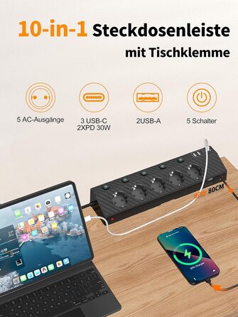 Мережевий адаптер Passus 5-фазний з 2 USB-C (PD 30W), захист від перенапруги, індивідуальне вмикання, 10-в-1, кабель 2м, чорний