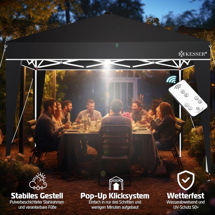 KESSER® Pavilion Folding Pavilion 3x3m with LED Lighting | Pop-Up Garden Pavilion Height Adjustable, Stable, Waterproof, Winter-Proof | Party Tent, Event Tent, UV Protection 50+ including Remote Control & Bag Black