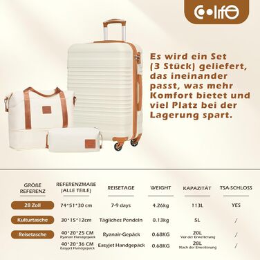 Набір валіз COOLIFE 6 в 1: дорожній набір 16', 20', 24', 28' + сумка та косметичка | ABS, 360° колеса, TSA-замок. Ідеально для подорожей, круїзів та навчання за кордоном. Білий/коричневий (великий набір 3 шт, жовто/чорний)