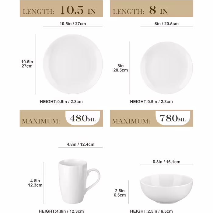 MALACASA, Amelia Series, Porcelain Dinnerware Set for 6 People, 18-Piece Porcelain Tableware Set, White Premium Combination Service, Dinnerware Set consisting of 6 Dinner Plates, 6 Dessert Plates, 6 Soup Plates