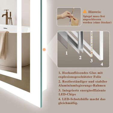 Дзеркало для ванної кімнати з підсвічуванням LED, антизапар, сенсорне управління, регулювання яскравості, 3 кольори світла, овальне, 50x70 см (Bluetooth, антизапар, 100L x 70B см)