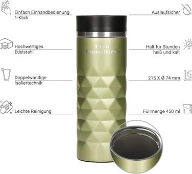 Термокружка Elasto з нержавіючої сталі, 450 мл, з індивідуальною гравіюванням (Saphir Grün)