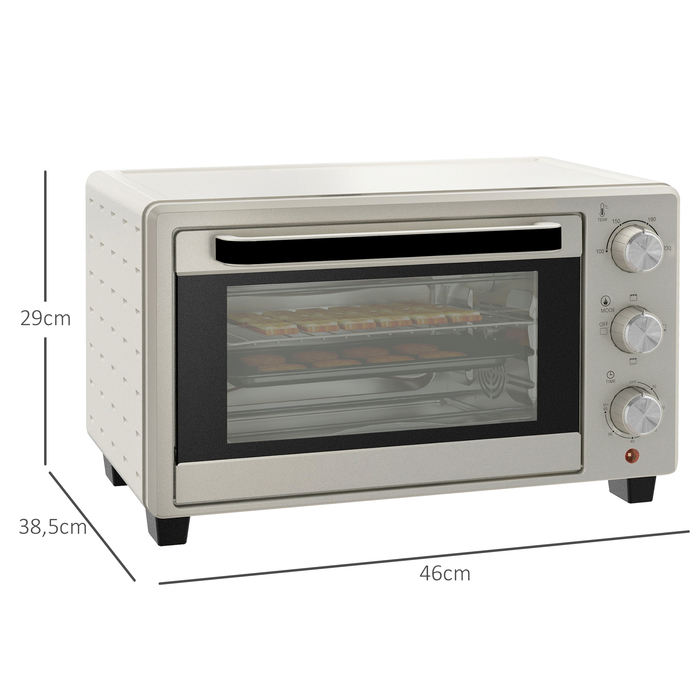 HOMCOM Mini Oven with Rotisserie, Small Oven 21L Toaster Oven with 1 Wire Rack and 1 Baking Tray, 3 Cooking Modes, 100°C-230°C, Stainless Steel, Glass, Cream White