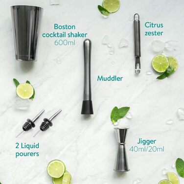 Набір для приготування коктейлів Navaris: шейкер, міксер та аксесуари (11 шт.) з рецептами - професійний барний аксесуар, чорний