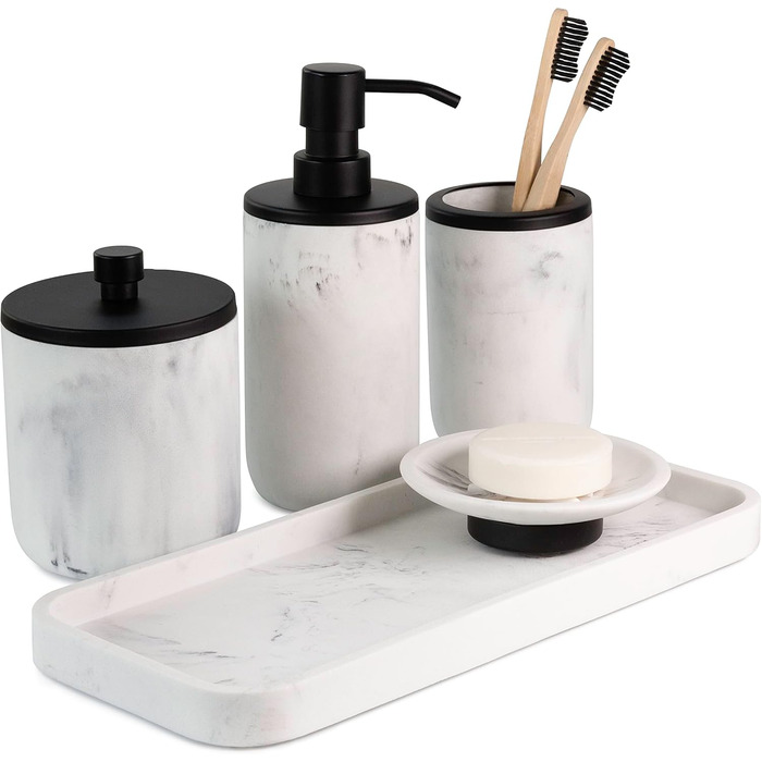 Набір аксесуарів для ванної кімнати: диспенсер для мила, тримач для зубних щіток, мармур, стиль фермерський дім, 5 шт., чорний