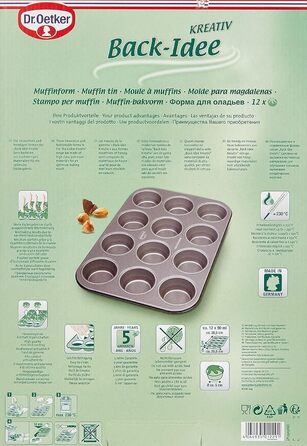 Dr. Oetker 12-Cup Muffin Tin Ø 7.5 cm BACK-IDEE KREATIV, Muffin tin made of steel sheet, Baking sheet with two-tone non-stick coating (Color: Gray/Black), Quantity: 1 piece