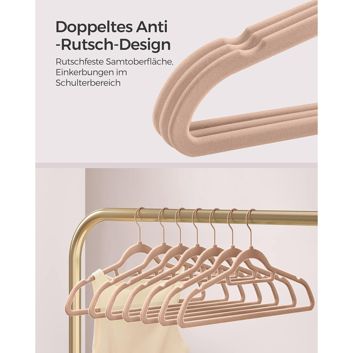 Плечики SONGMICS для одягу, велюрові, набір 50 шт., антиковзаючі, для краваток, 360° обертання, тонкі, економія місця, 43,5 см, для пальто, штани, срібно-білі