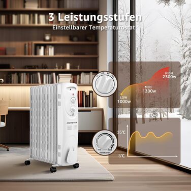 Електричний масляний радіатор Aigostar Pangpang 2300W, 11 секцій, з термостатом та 3 рівнями нагріву, мобільний обігрівач
