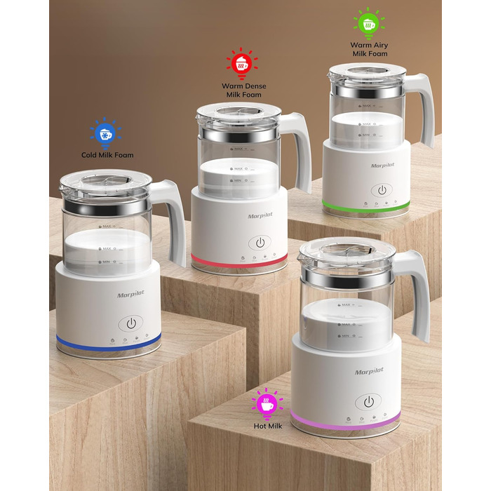 Morpilot Milk Frother Electric, 500ml 600W, 4-in-1 Milk Frother for Hot and Cold, Dishwasher Safe, Visual Glass, Latte Design, White