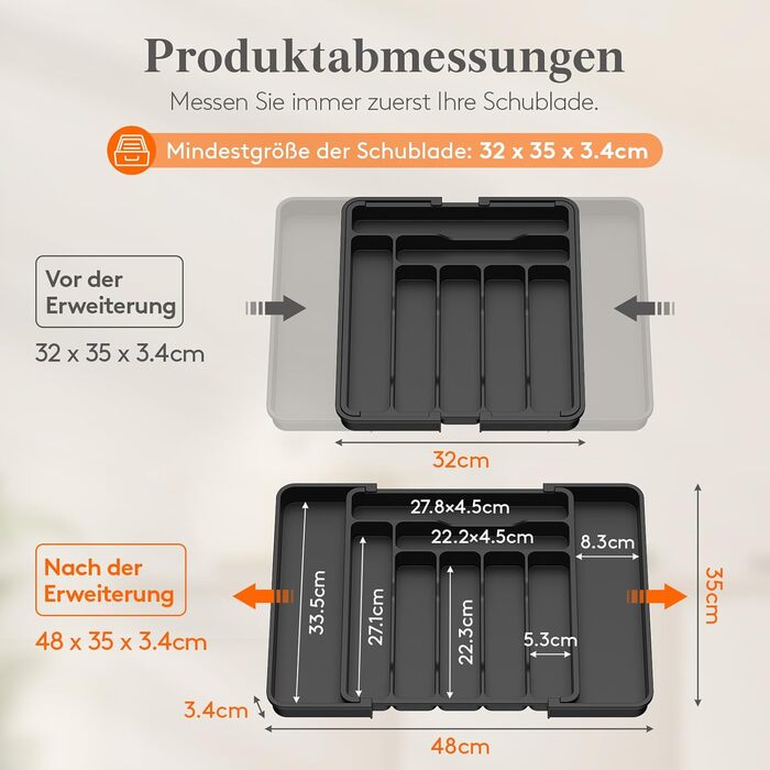 Органайзер для столових приборів Lifewit в шухляду, розсувний, 7-9 відділень, 35-48 см, чорний