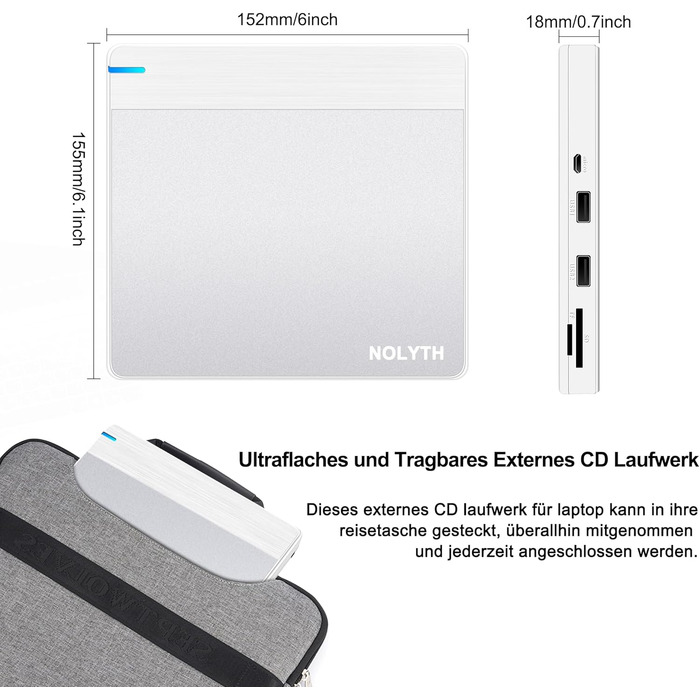 Зовнішній DVD-накопичувач для ноутбука Ultra Slim: портативний CD/DVD привід USB з картридером SD/TF для Mac, MacBook, Windows