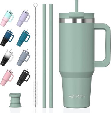 Термокружка WATERSY 1.2L з 2 трубочками, витокозахисний термос для кави To Go, вакуумна ізоляція, без BPA, ретро-зелений