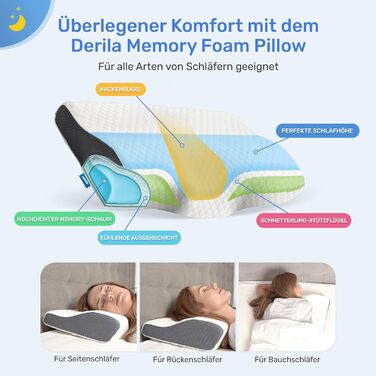 Ортопедична подушка Derila для шиї та голови, Memory Foam, оригінальна. Ергономічна подушка для сну на боці, спині та животі (Queen, 1 шт.)