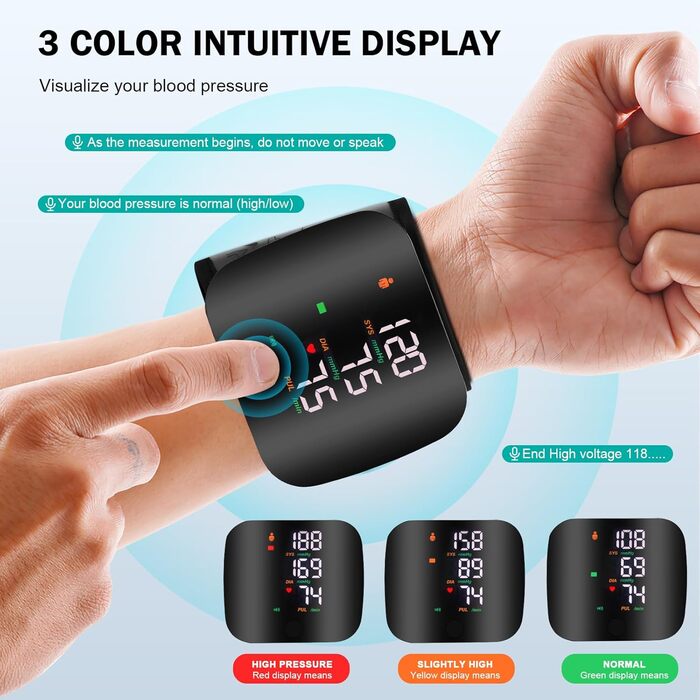 Автоматичний тонометр на зап'ясті з LCD-дисплеєм, регульована манжета, пам'ять на 99 вимірювань