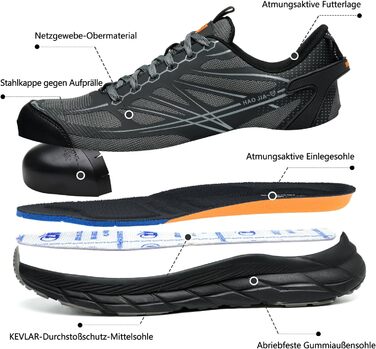 Черевики робочі чоловічі/жіночі, захисні черевики зі сталевим підноском, легкі, дихаючі, розмір EU 37-46, сірий, 44 EU