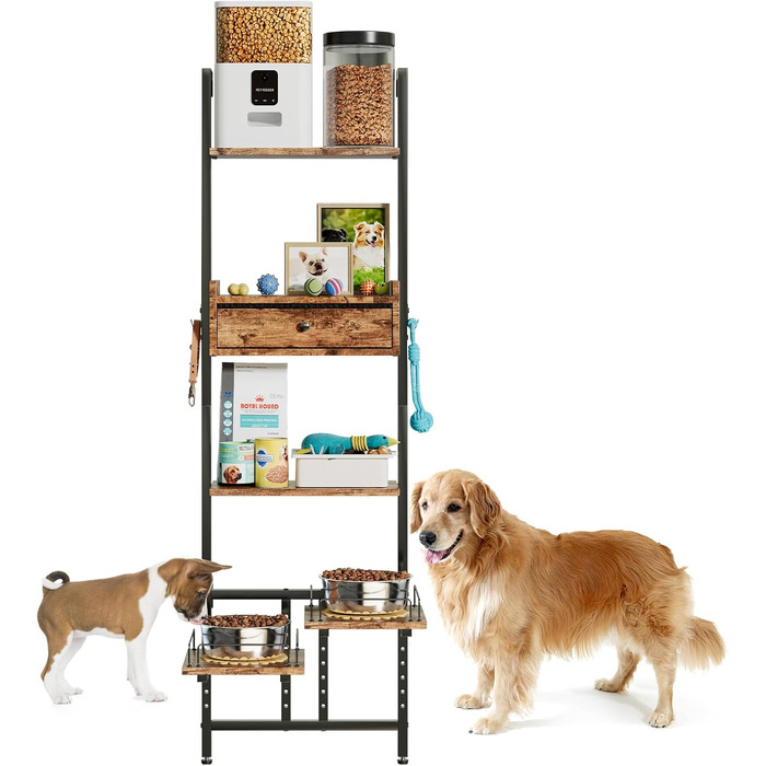 Підвищена годівниця для собак з місцем для зберігання та двома антиковзними килимками, для великих собак, регульована висота, настінний монтаж, колір вінтажний коричневий