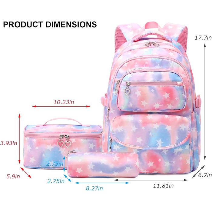 Шкільний рюкзак для дівчаток: набір з 3 шт. (рюкзак, ланч-бокс, пенал) зірковий рожевий колір